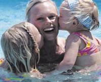 Picture of Mom and 2 kids in a clean swimming pool.